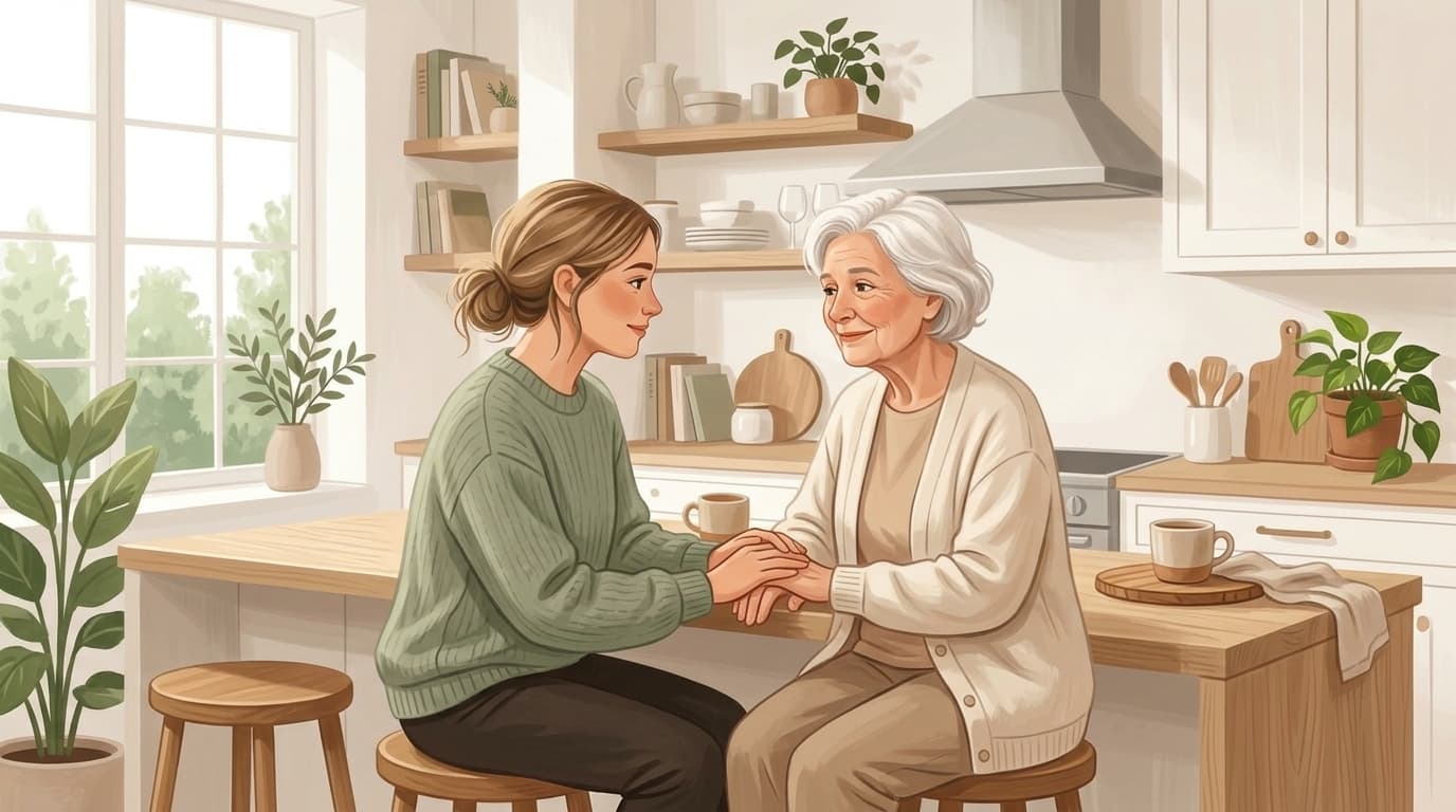 Anhörig och äldre person som pratar tillsammans hemma